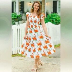 Victoria Dunn cotton flutter sleeves tiered cottage floral midi dress